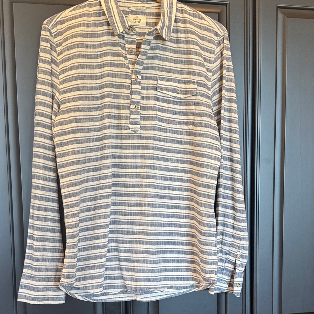 Marine Layer super soft blue and white striped Cotton popover Shirt - Large